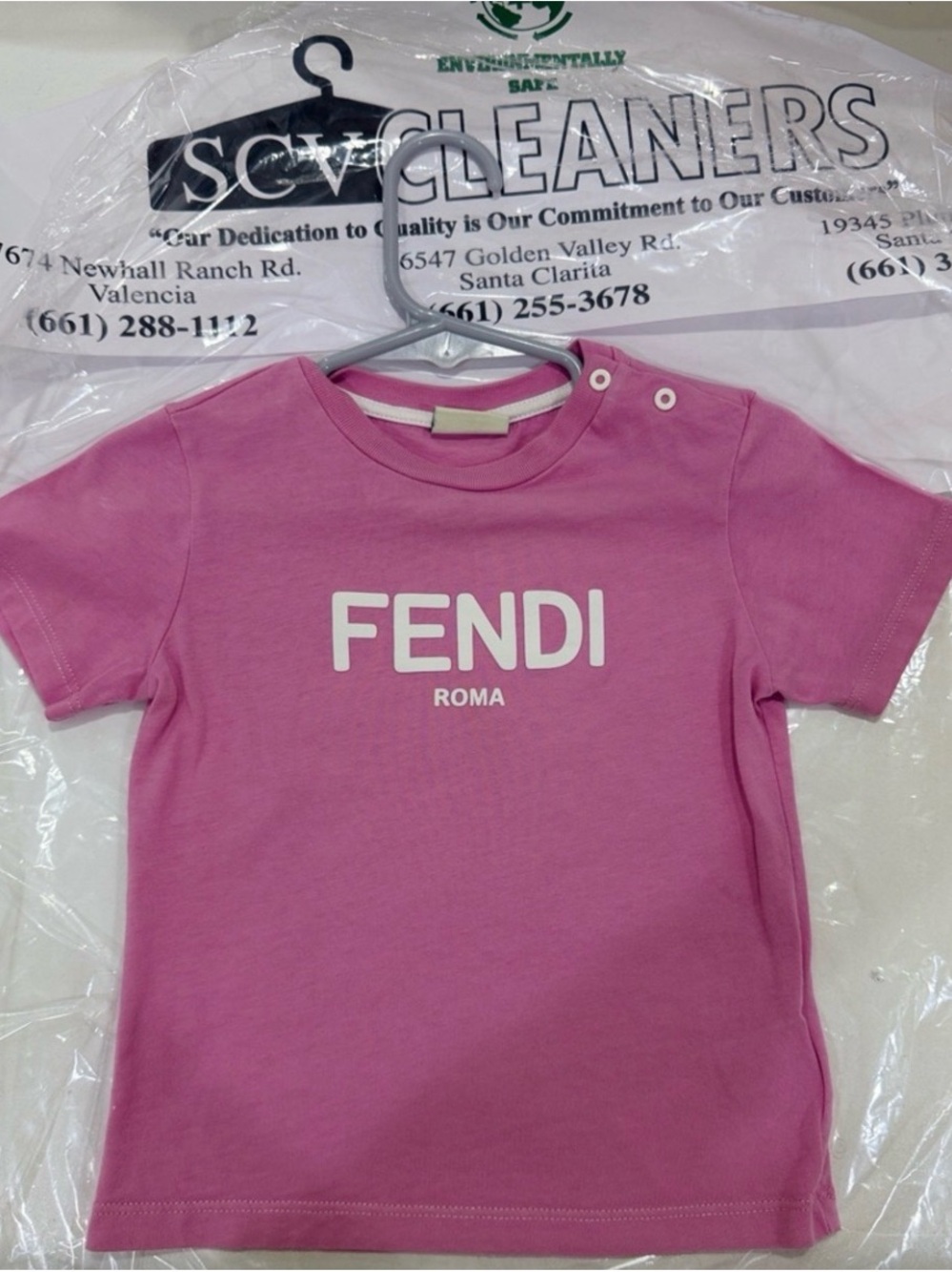 Fendi Kids Pink Logo Tee with White FENDI ROMA Print